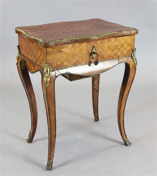 A 19th century French ormolu mounted kingwood work table, W.1ft 11in. D.1ft 5in. H.2ft 5in.